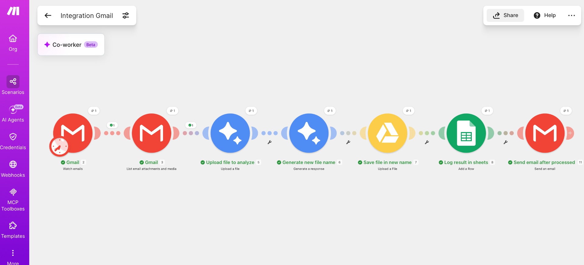 Gmail AI Attachment Processing workflow screenshot